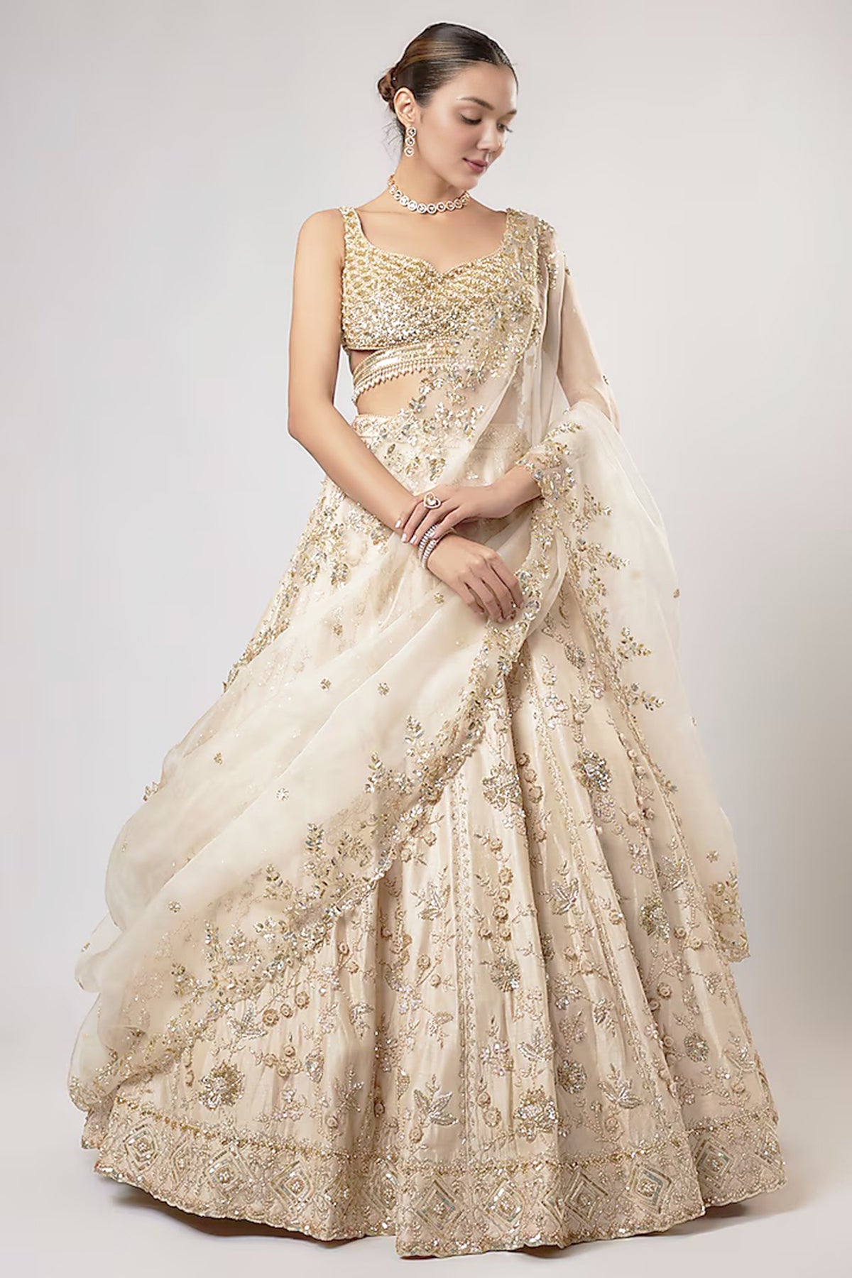 Buy Ivory Net Floral Lehenga Set by Shlok Design for women online at ScrollnShops